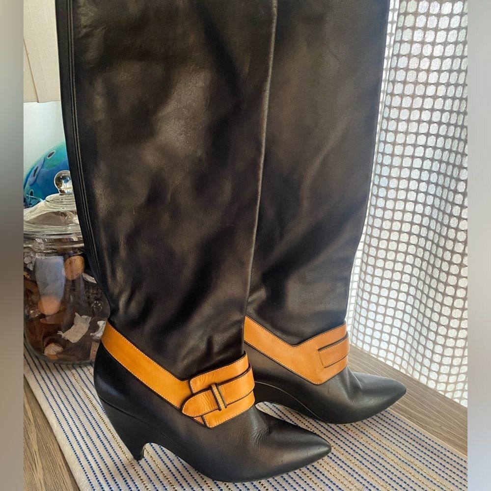 BALENCIAGA Leather Boots Womens Size 38 Black Heels Camel Strap authentic
